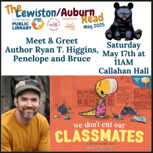 Graphic for meet and greet with Ryan T. Higgins, Penelope, & Bruce!