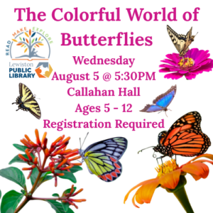 Graphic for the colorful world of butterflies program.