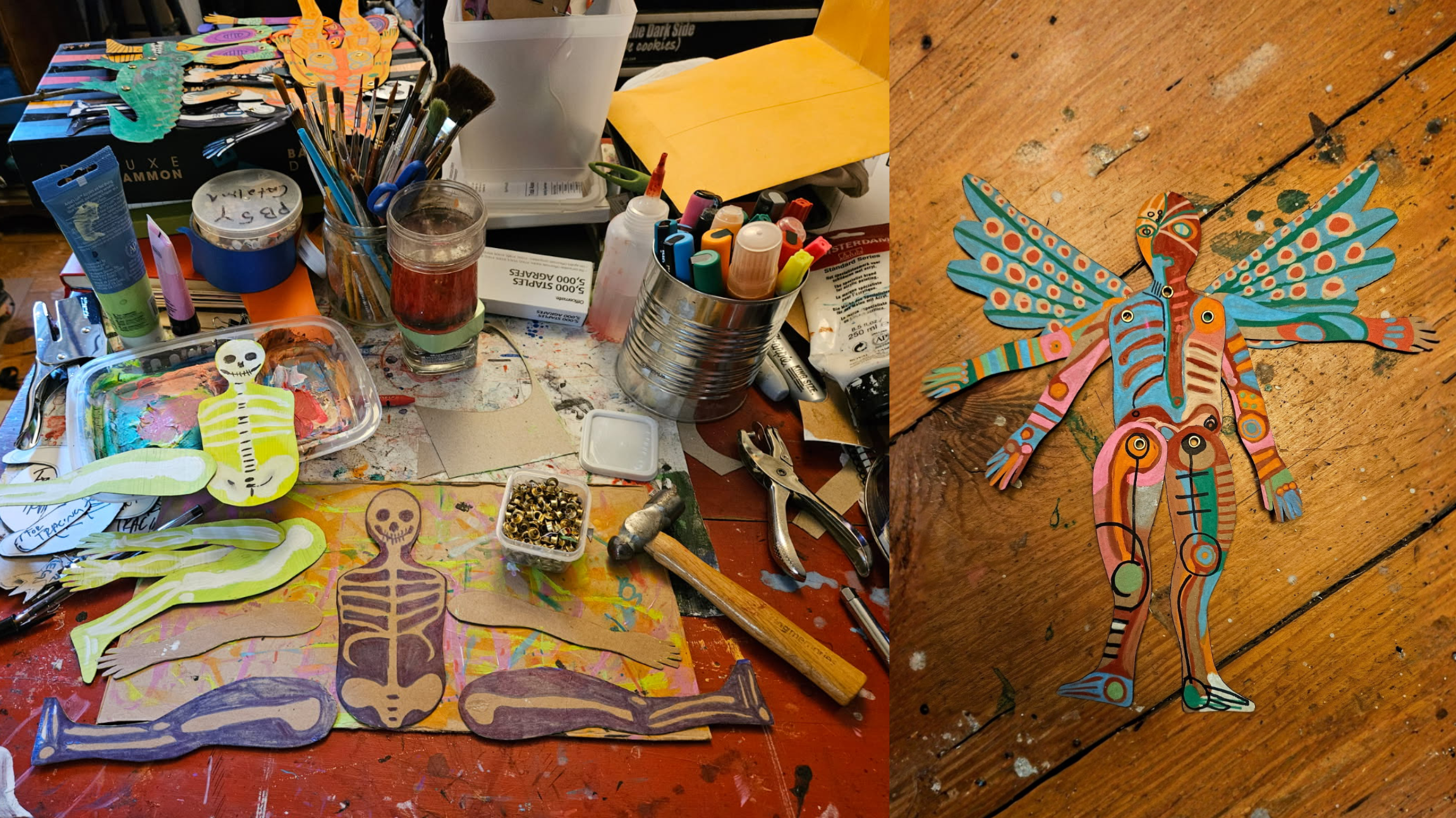 Art supplies and an example of the kind of puppet a participant might make at this workshop