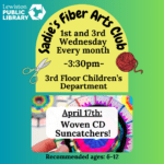 Graphic for Sadie's Fiber Arts Club: Woven CD Suncatchers program.